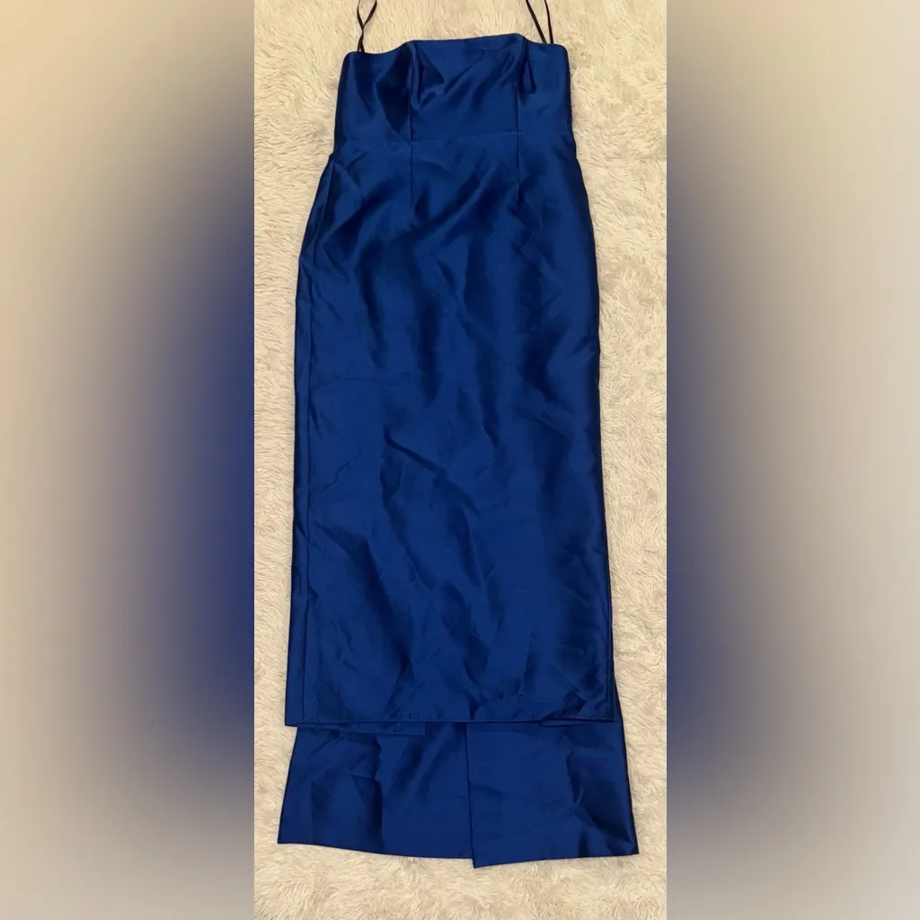 NEW Alfred Sung Strapless Satin Twill Column Gown w/ Removable Train sz 18 blue - Image 4