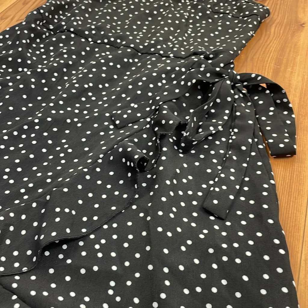 5/$25 Polka Dot Black White Wrap Skirt Mini Dress Smocked Back Ruffle Hem Small - Image 4