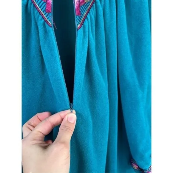 T2 VTG Vanity Fair Velour Zip Robe Teal Embroidered Long Sleeve Lounge Caftan - Image 9