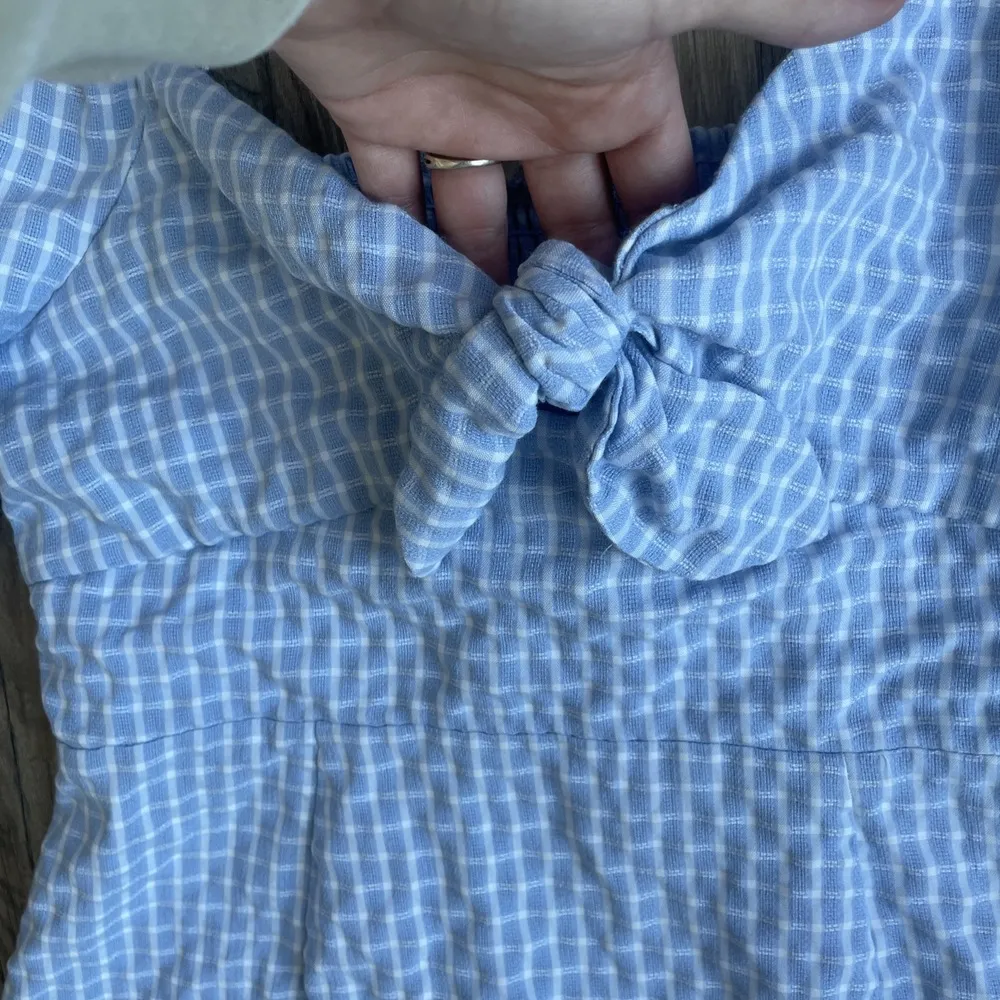 Altar'd State Puff Sleeve Plaid Checkered Mini Dress L Blue Babydoll Tie Front‎ - Image 3