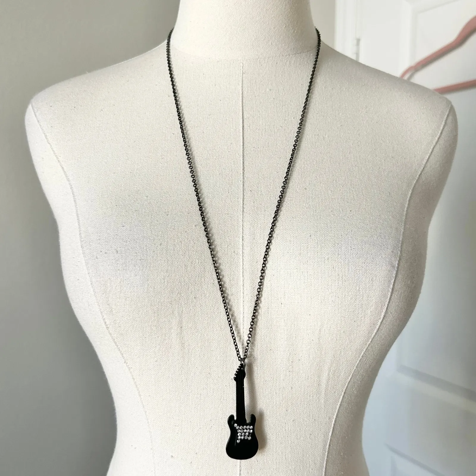 Black Guitar Pendant Necklace Rhinestone Embellished Chain - Image 2