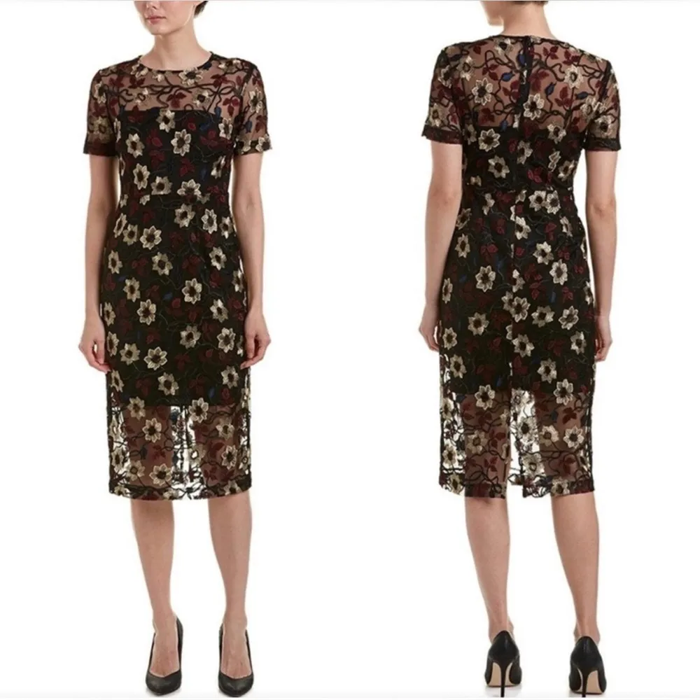 Black Mesh with Embroidered Burgundy Blue & Metallic Gold Flowers - Image 3