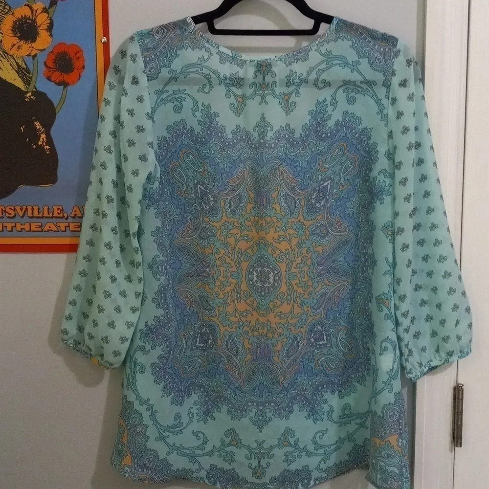 Ann Taylor Aqua and Lavender Paisley Print Boho Sheer Peasant Blouse - Image 13