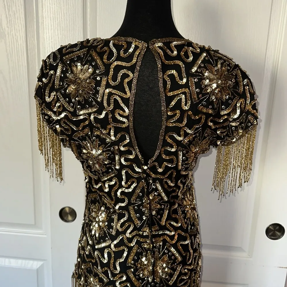 VTG CERVELLE SILK BLACK & GOLD SEQUIN BEADED FRINGE DRESS PARTY Holiday nye - Image 5