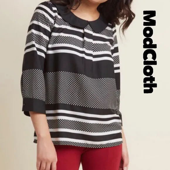 NWOT ModCloth Womens small Peter Pan Collar polka dot striped 3/4 sleeve top - Image 2