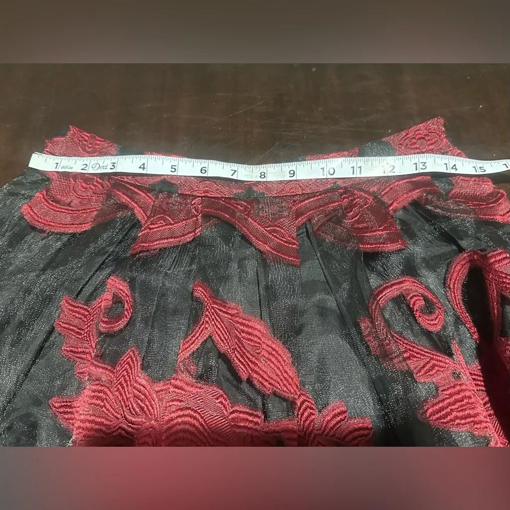 Jealous Tomato Red Black Gold Floral Skater Skirt Sz M Embroidered Layers - Image 5