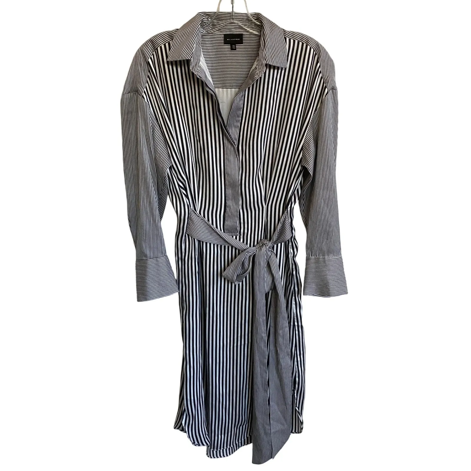 Who What Wear Black White Mixed Stripe‎ Button Front Collar Belted Shirtdress XS - Image 13
