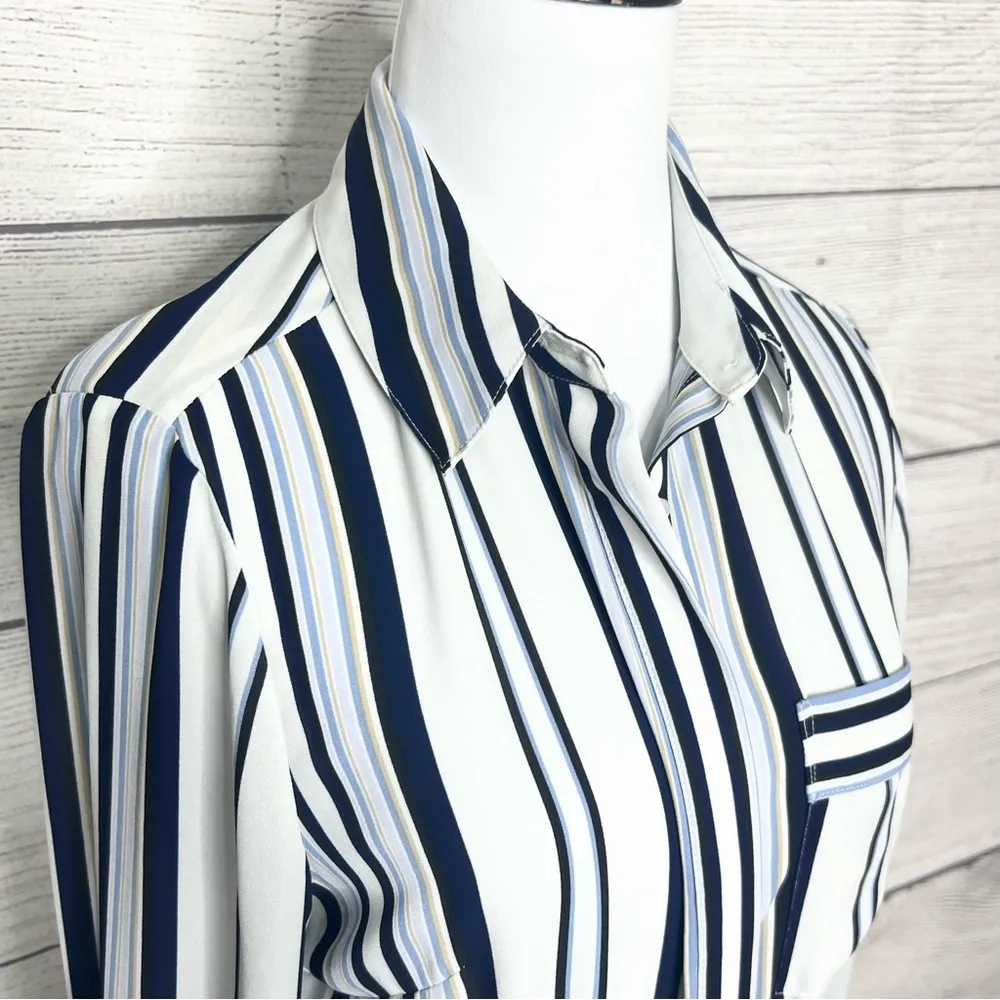 WHBM Long Blue & White Striped Shirt w/ Chest Pocket & Tie Belt Size 4 Small - Image 8