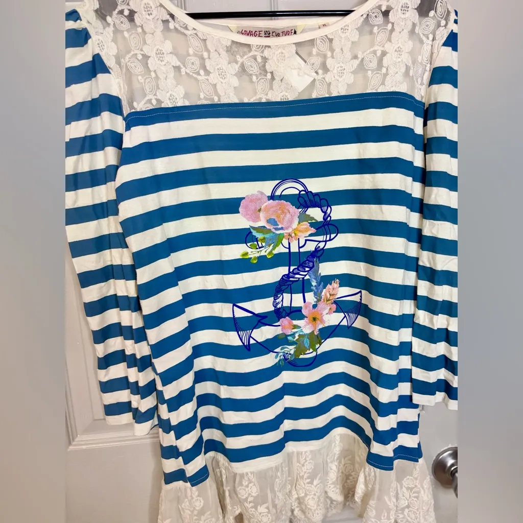 Savage Culture T Shirt Top Women’s XL White Blue Stripe Marine Art Design Lace - Image 7