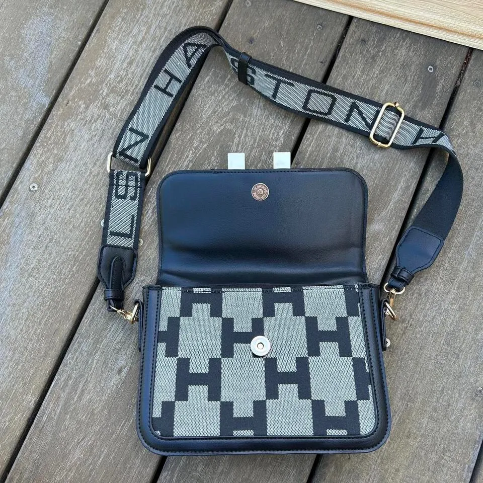 Grey/Black Halston Monogrammed Crossbody Bag Purse - Image 5