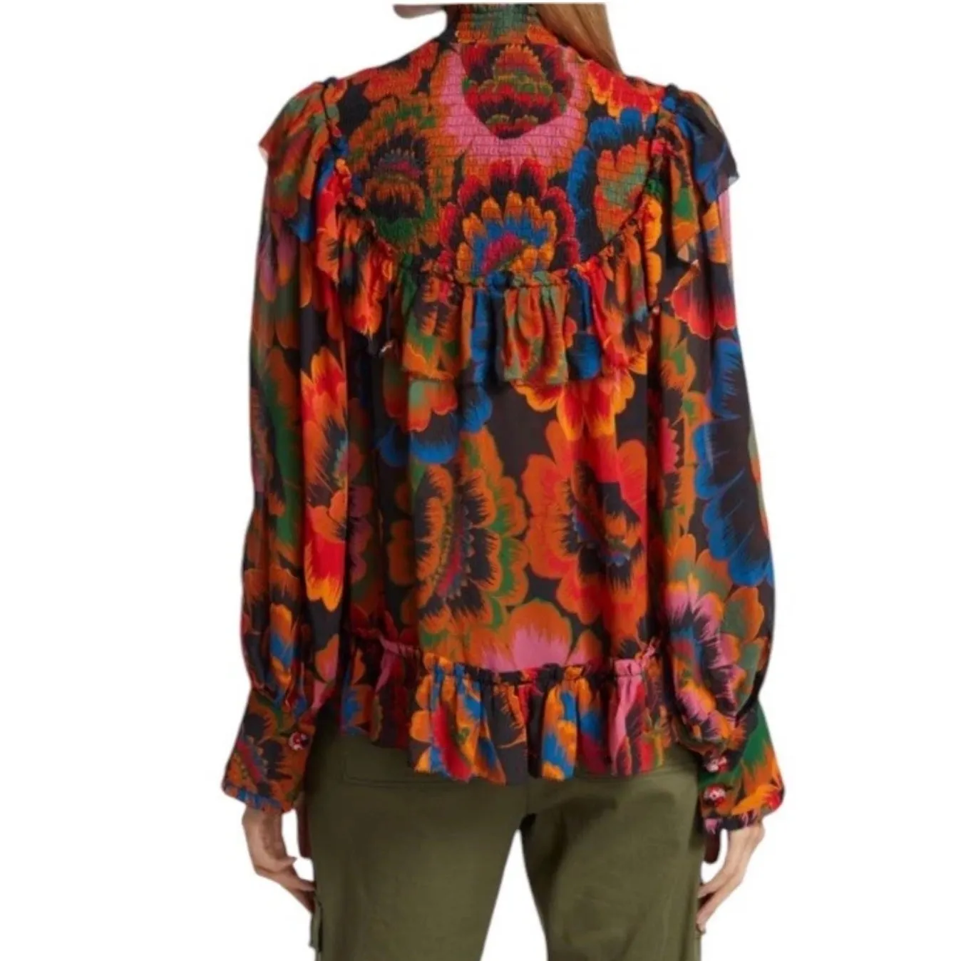 FARM Rio Colorful Flowers Smocked Ruffle Trim Long Sleeve‎ Blouse Top XS - Image 5
