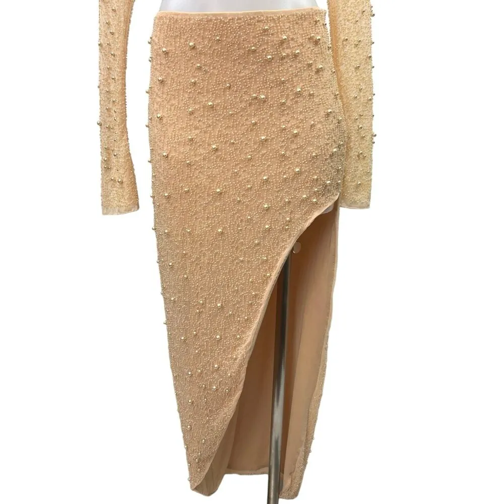 Oh Polly LA DÉSIRADE Cream Pearl Beaded Embellished Crop Top & Midi Skirt Set 2 - Image 11