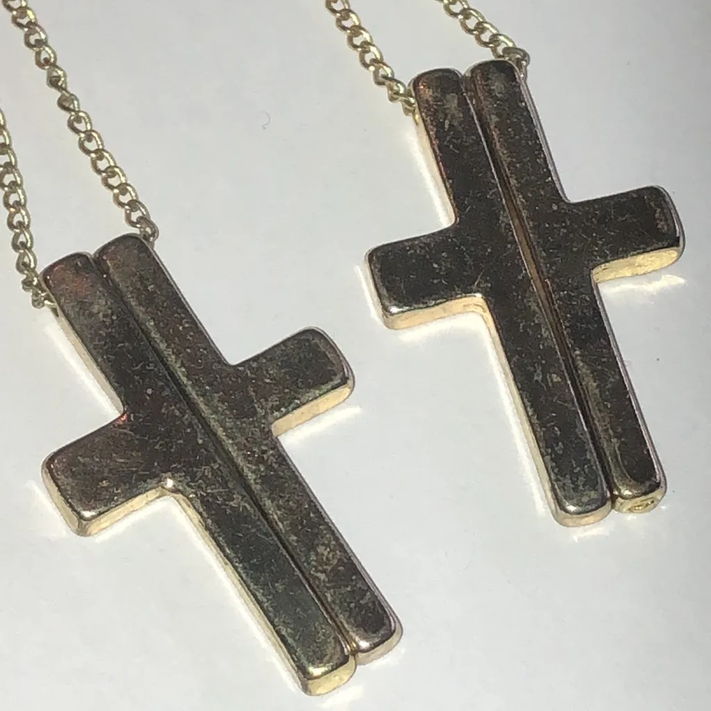 Gold Tone Boho Cross Dangle Brass Tone Mesh Earrings - Image 2