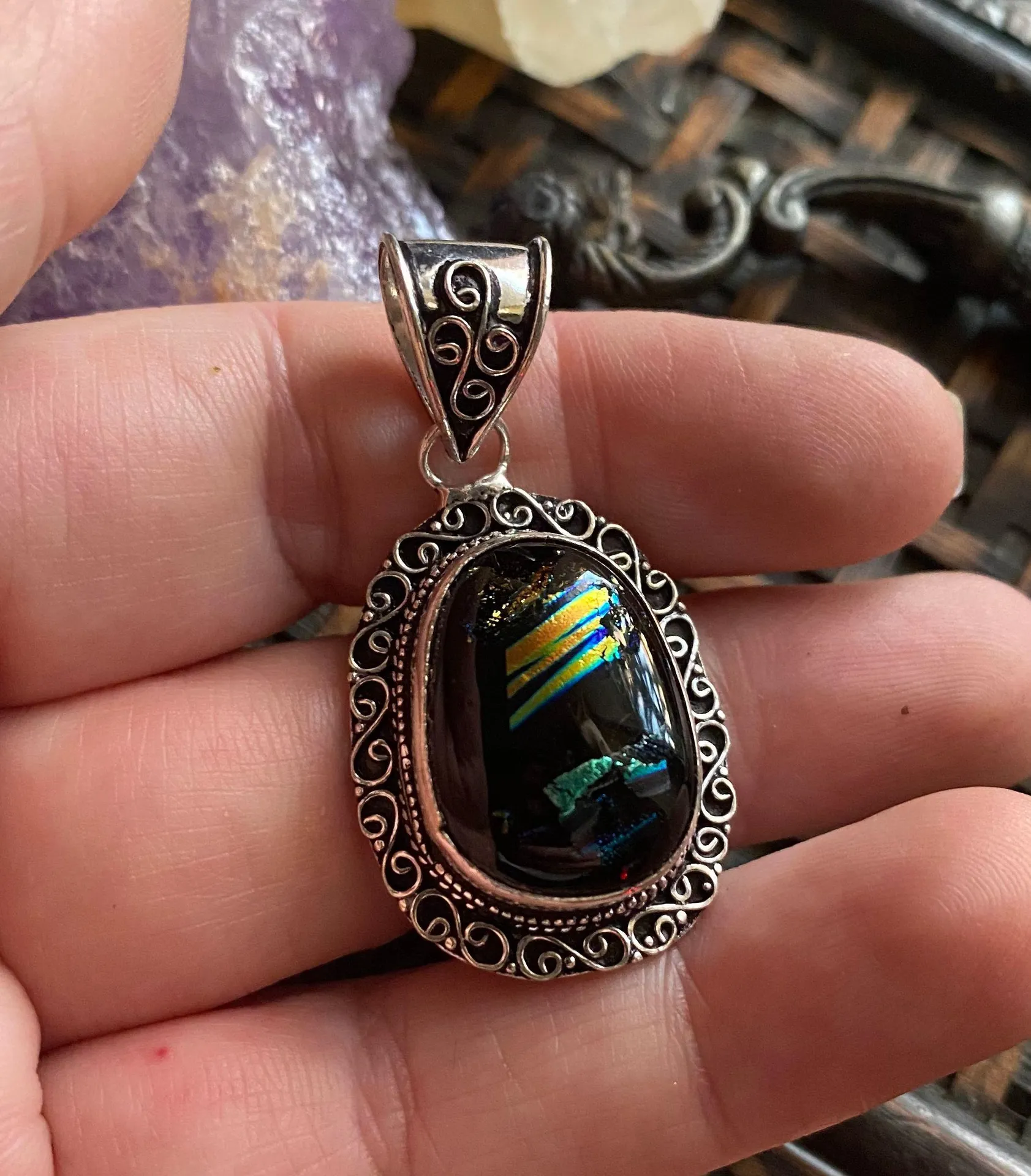 Dichroic glass ethnic style sterling pendant Silver - Image 4