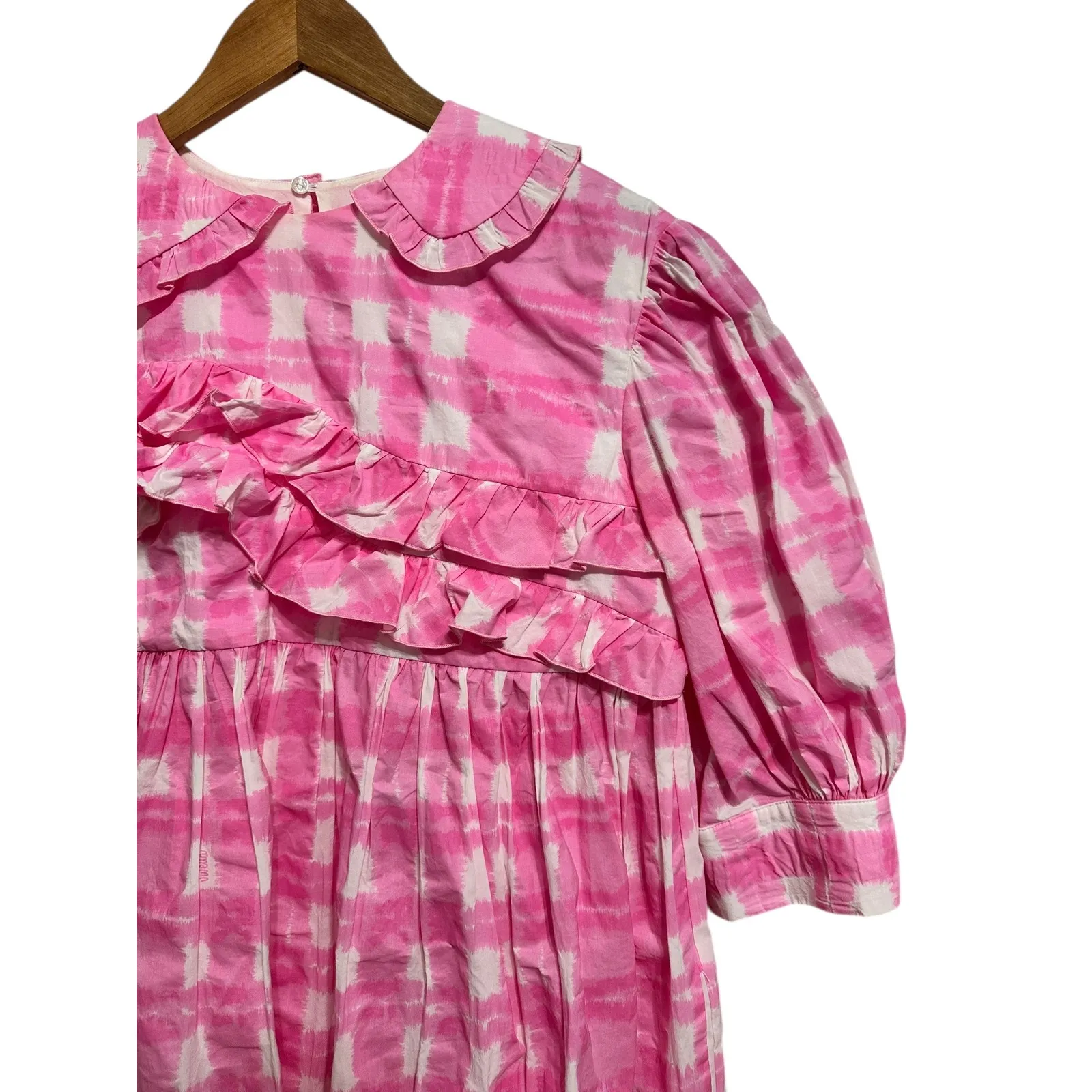 Vivetta tiedye check ruffled Pink White mini dress Collar Puff Sleeve plaid 38 - Image 6