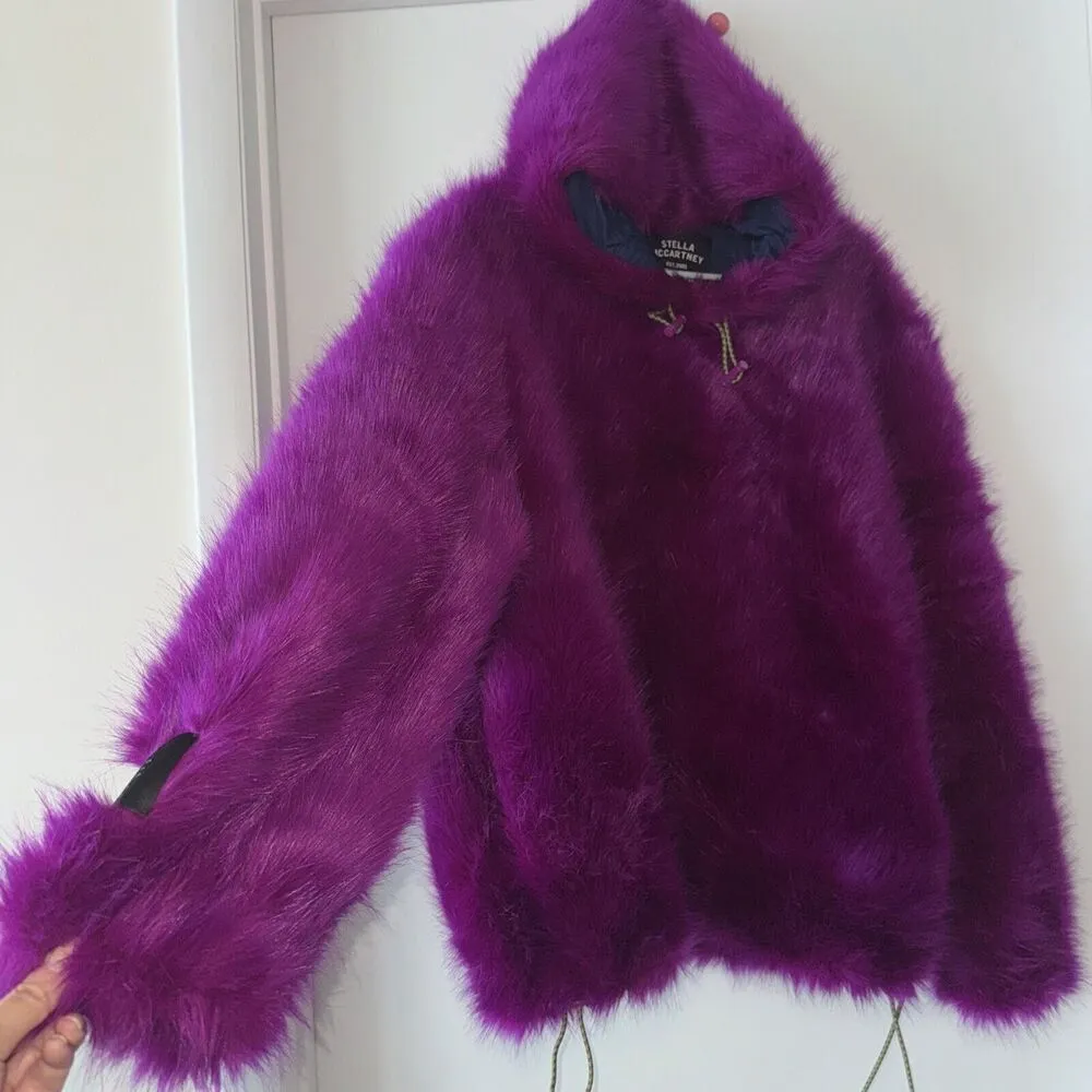 NEW Stella McCartney Adan Purple Faux Fur Pullover Hooded Coat Hoodie Jacket S/M - Image 12