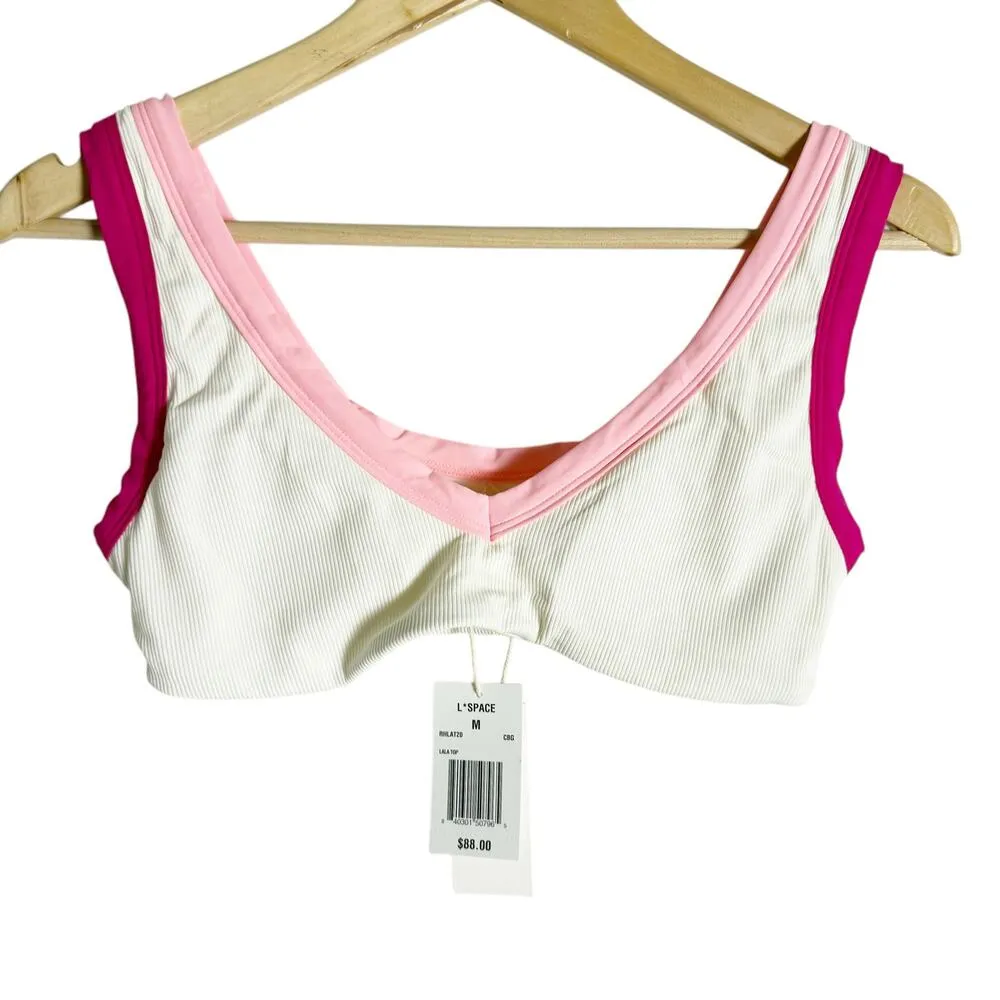 L*Space Lala White Pink Colorblock Sporty V-Neck Bikini Swimsuit Top Size M - Image 4