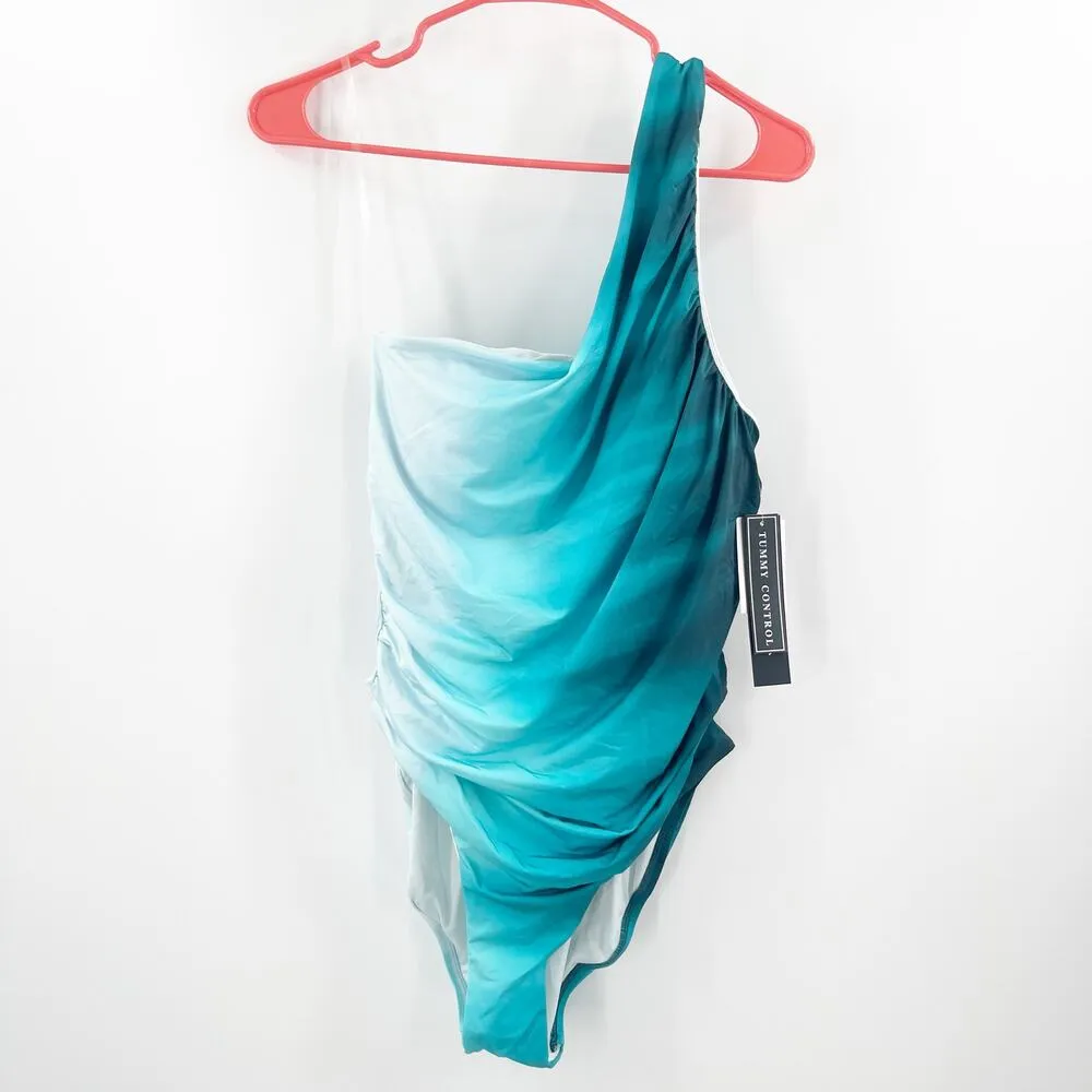 La Blanca Swimsuit Size 12 Ocean One Shoulder One Piece Ombre Shirred Blue NWT - Image 3