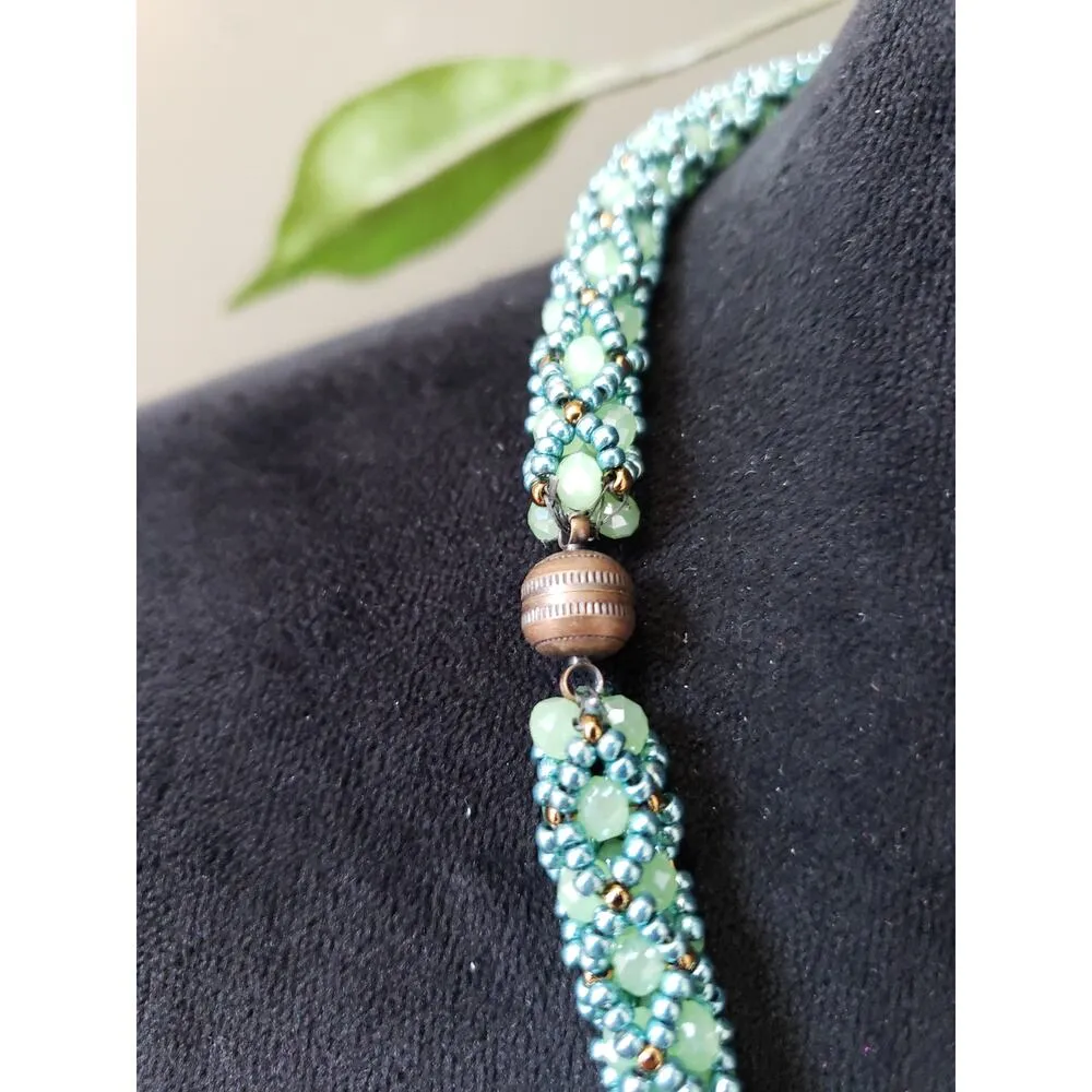 Women Fashion Turquoise Blue Woven Beaded Rope Collar Necklace with Barrel Clasp - Image 6