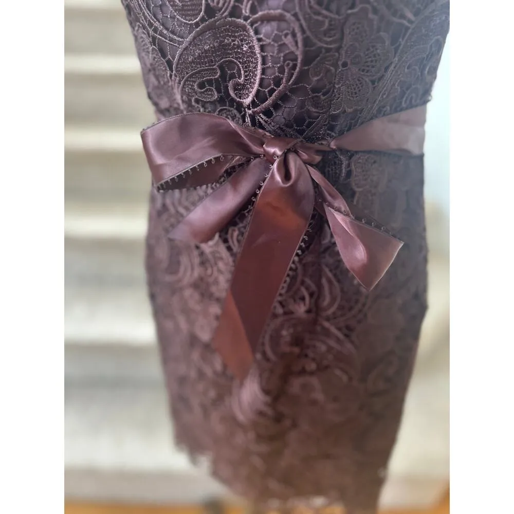 Vintage Y2K Chocolate Brown Lace Bow Mini Strapless Dress - Image 2