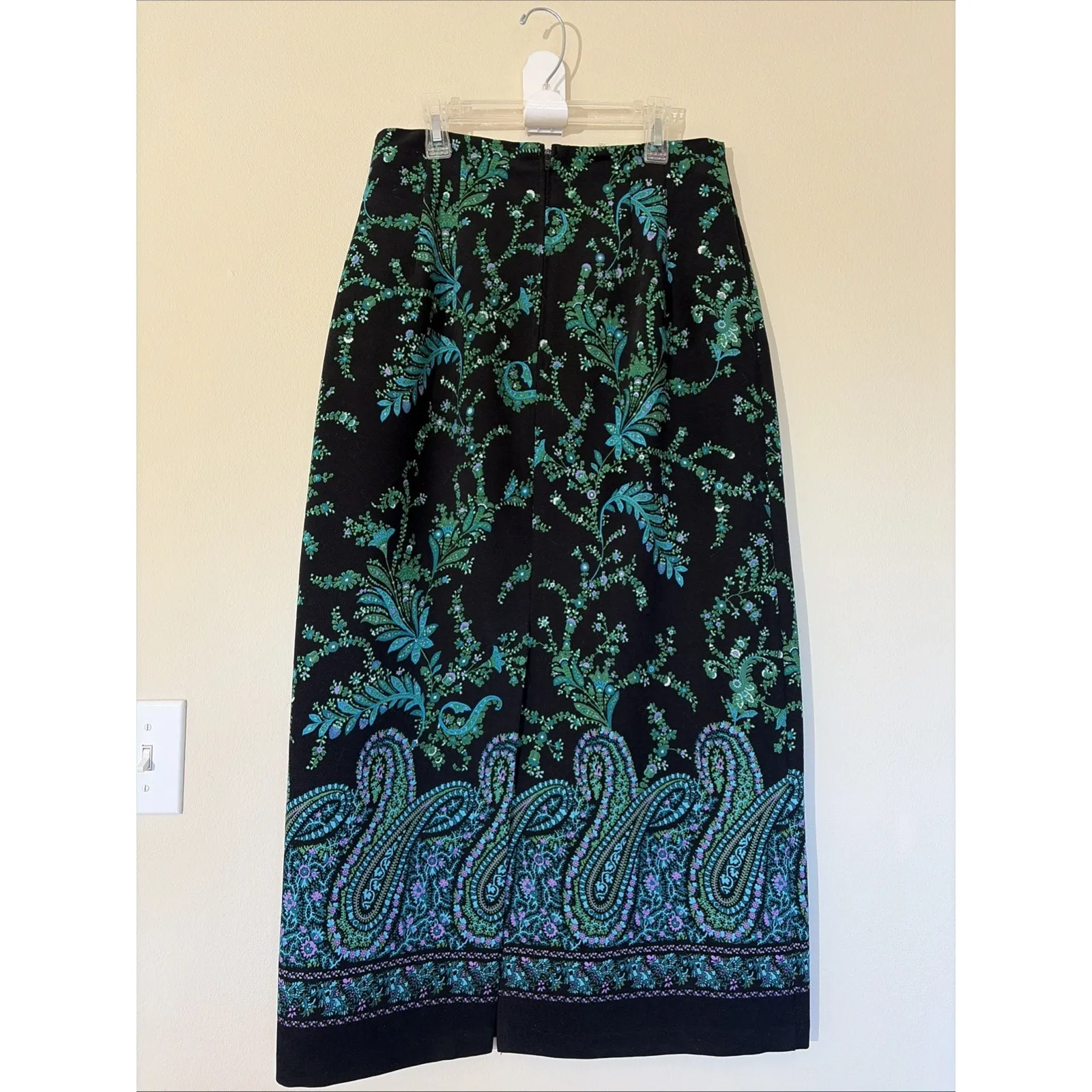 Briggs New York Black Blue Teal Floral‎ Paisley Flower Maxi Skirt Slit Womens 10 - Image 4