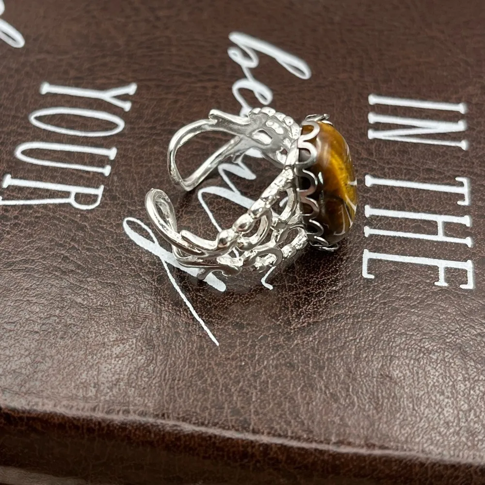 Vintage Brown Tiger Eye Gemstone Cabochon Ring Stainless Steel Adjustable - Image 8