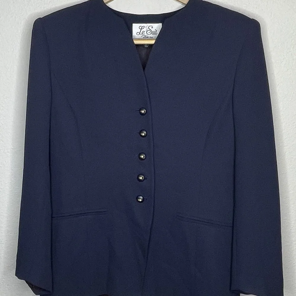 Vintage Le Suit Petite‎ Suit Jacket Blue Size 12P - Image 5