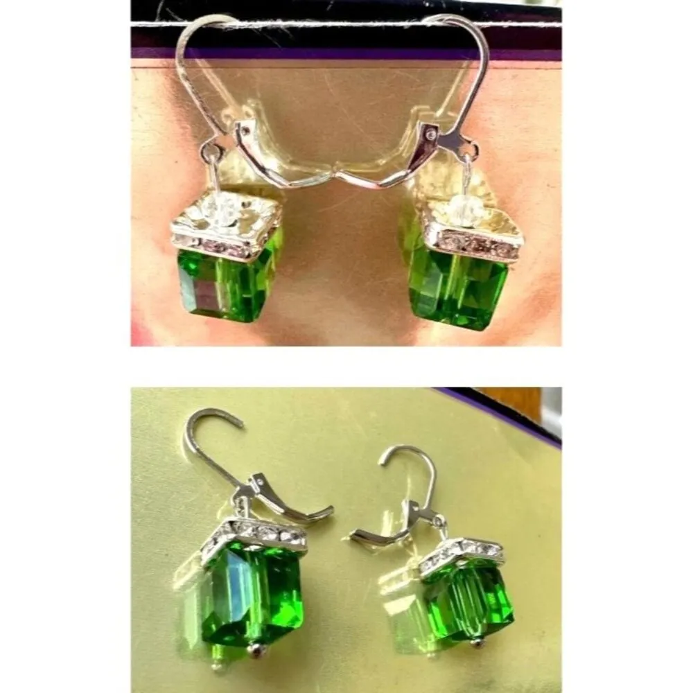 Light Emerald Earrings New Square Cube Rhinestones May Wedding Bride Cru… Green - Image 10