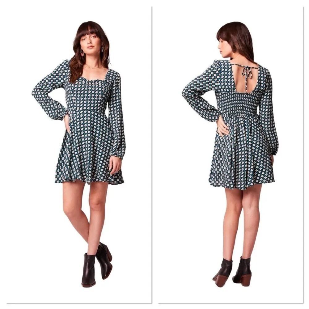 B.O.G. Band Of The Free Womens‎ Genevieve Teal Diamond Long Sleeve Mini Dress S - Image 2
