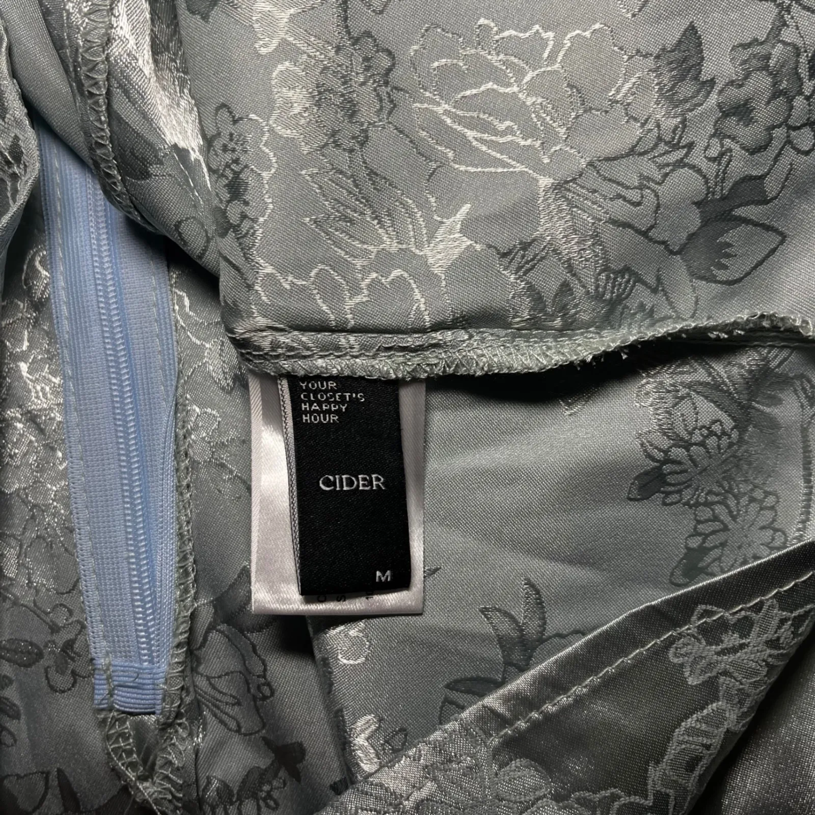 Cider Sky Blue Satin Floral Brocade Mini Dress V Neck Bow Back Wedding Guest M - Image 7