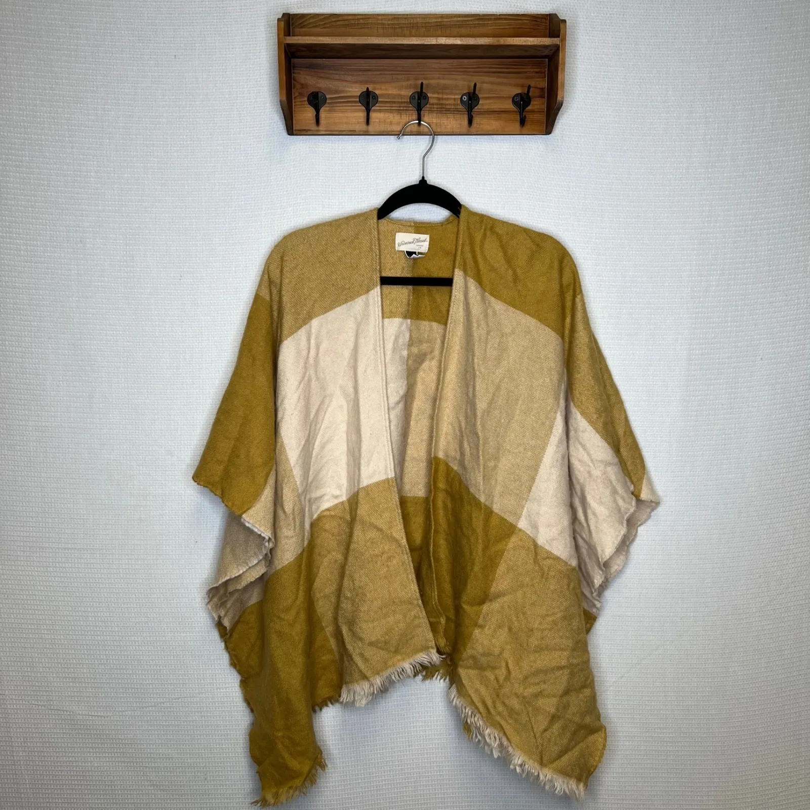 Universal Thread Plaid Poncho Cape Mustard Beige Fringe One Size - Image 2