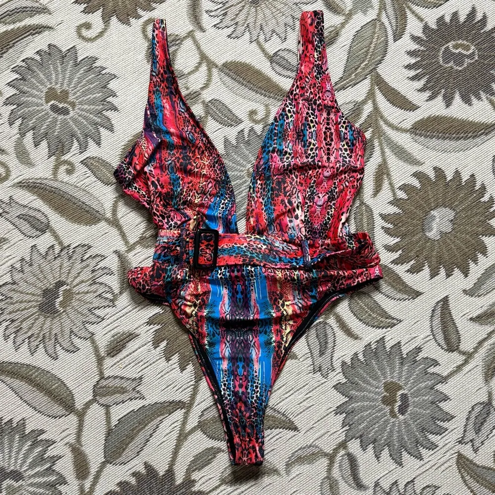 Matte Collection Swimsuit One Piece Deep V Animal Print Belted XL Red - Image 2