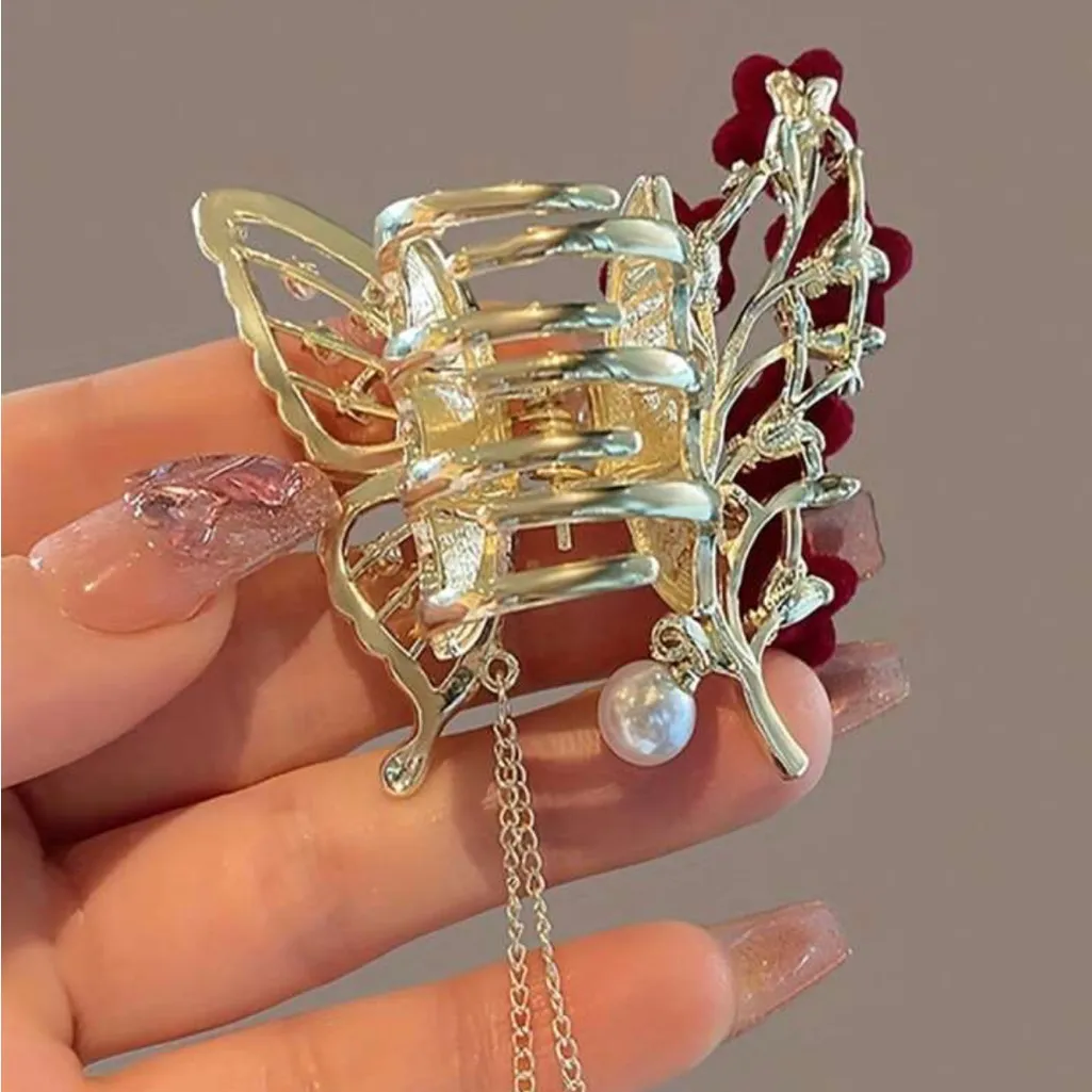 Faux Pearl Tassel Hair Claw Clip Red Rose Jaw Clips Metal Shark Clips For Girls Gold - Image 8