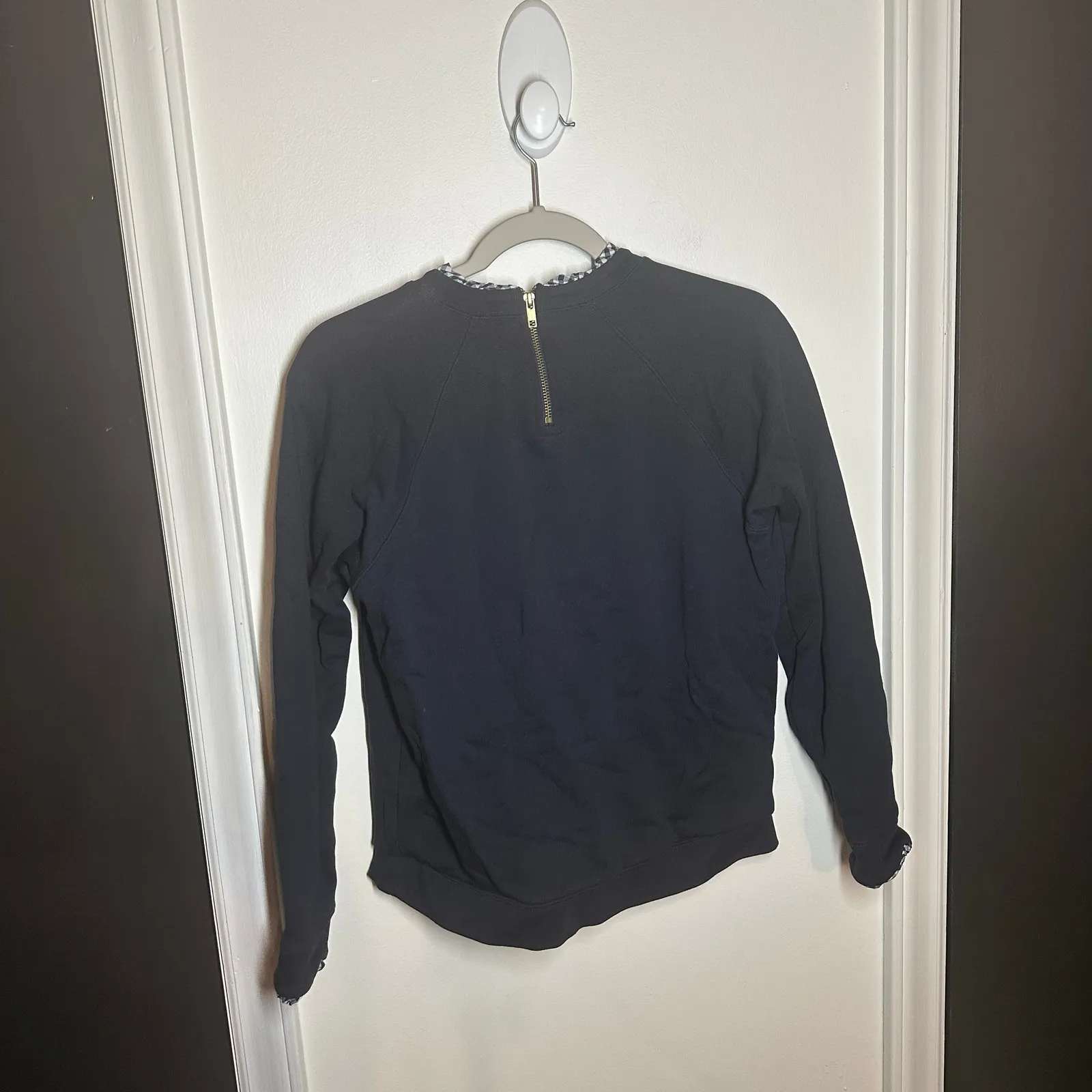 J. Crew Women's Navy Blue Plaid Trim Long Sleeve Knit Top Size Medium - Image 6