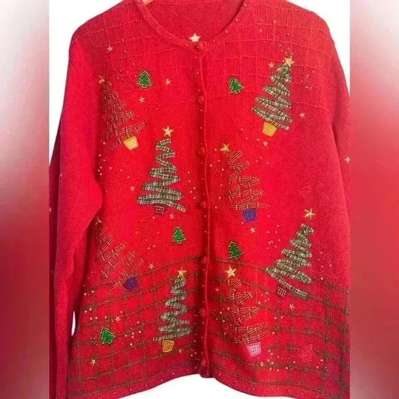 Women’s Christmas Embroidered Button Front Cardigan Sweater Beading Trees Star Red Size 1X - Image 1