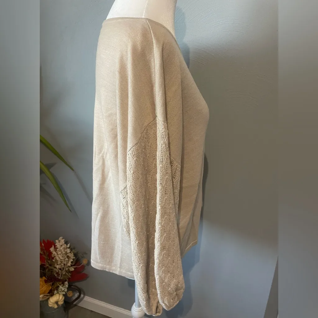 Garnet Hill 100% Merino Wool Pointelle Blouson-Sleeve Sweater neutral beige - Image 4