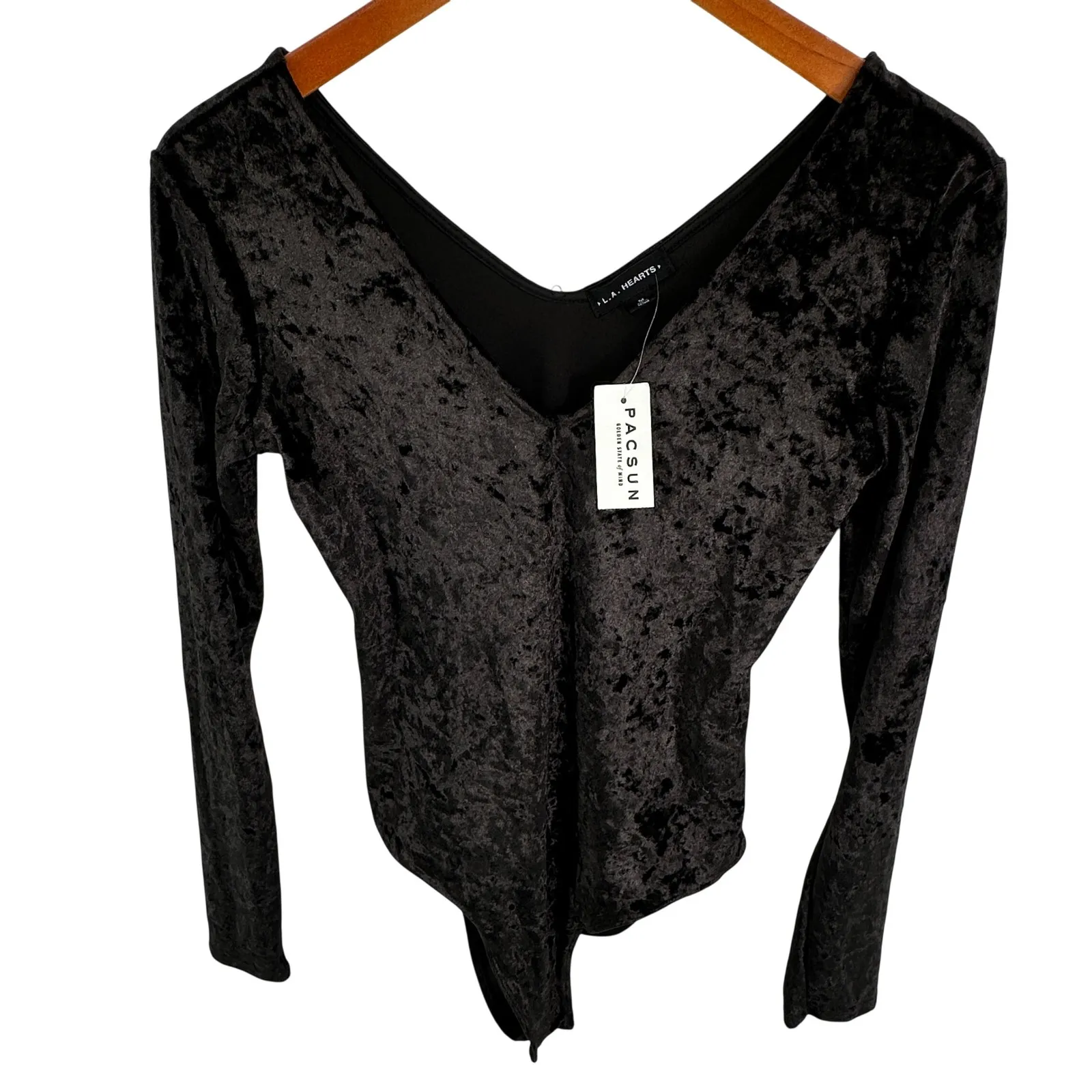 LA Hearts Black Crushed Velvet Long Sleeve V Neck Bodysuit M emo goth whimsygoth Size M - Image 2