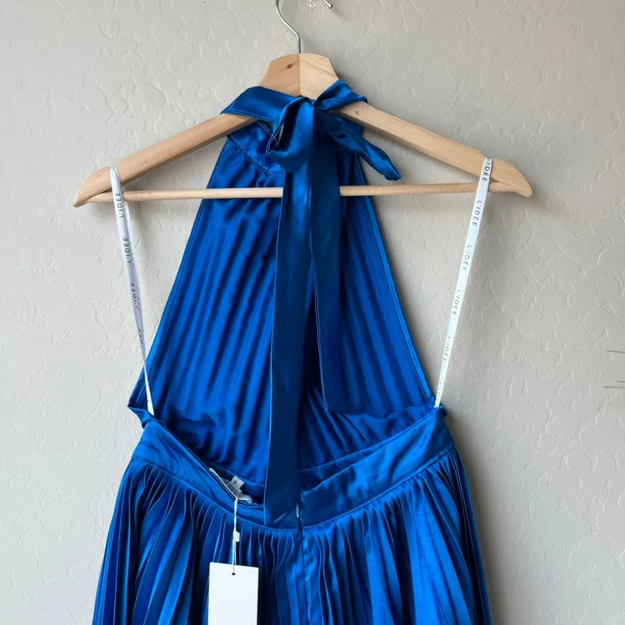 L’IDEE Renaissance Moroccan Blue Pleated Satin‎ Crisscross Halter Mini Dress NWT Size 8 - Image 7