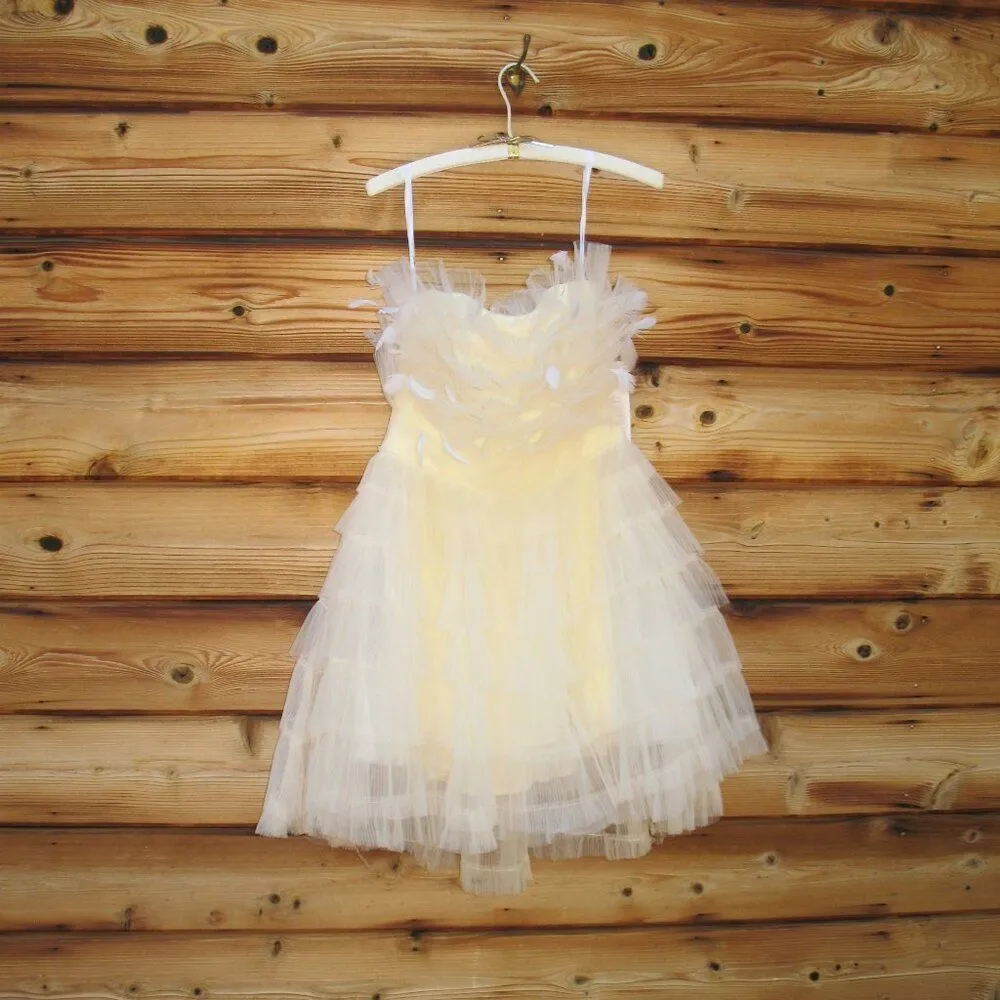 Mac Duggal 20259 MAC DUGGAL  Beige Feathered Strapless Tulle Fit and Flare Dress - Image 10