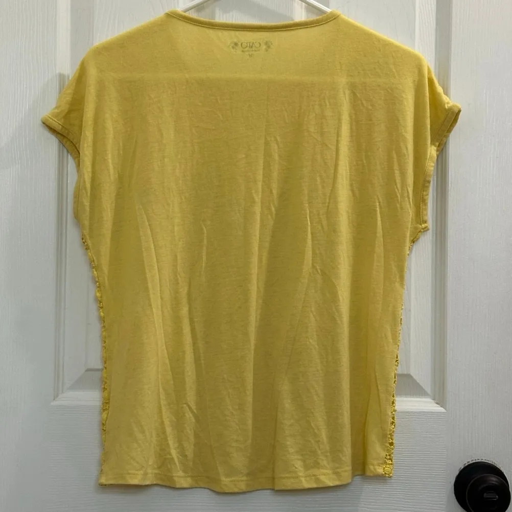 Cato Bright Yellow Floral Crochet Lace Front T-Shirt Medium Hippie - Image 2