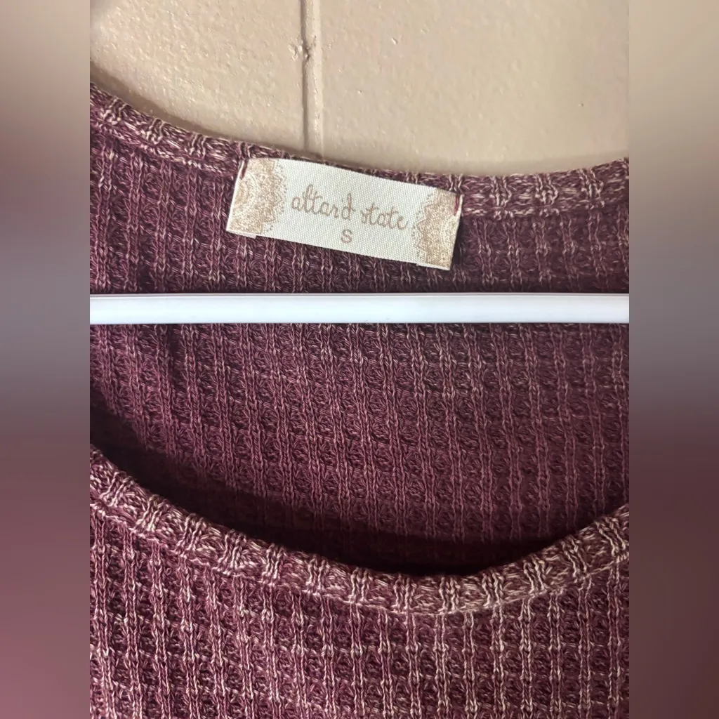 Altar'D State Maroon Waffle Top Ruffled Hem Shirt Long Sleeve Boho Grunge S - Image 2