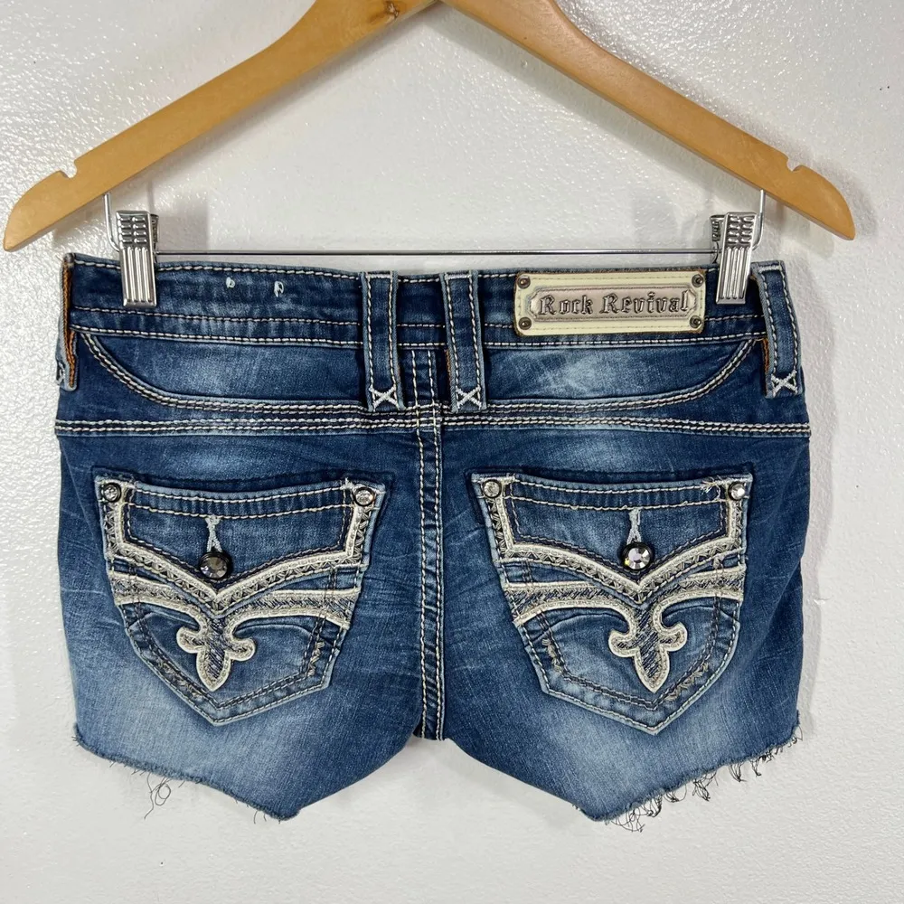 Rock Revival Denim CUT-OFF Shorts Frayed Hem Embellished Pockets Skinny Jeans 27 - Image 3