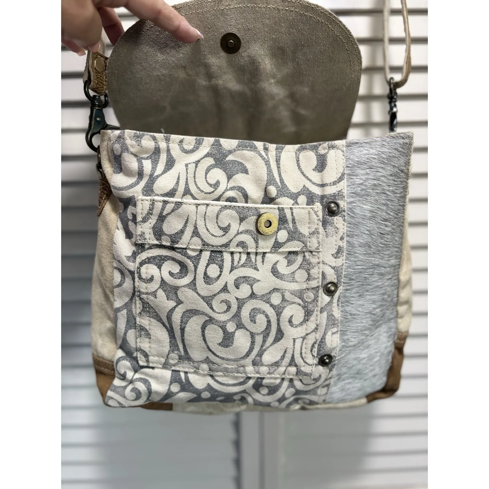Myra Hair On Cowhide Leather Canvas Paisley Shoulder Bag Boho Gray/Tan‎ Tan - Image 7