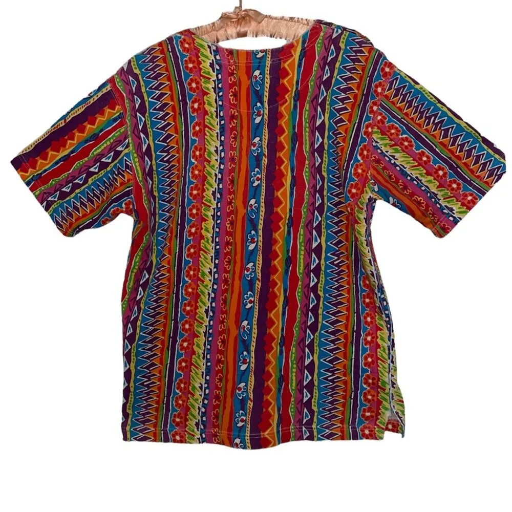 Y2K Rainbow Striped Short Sleeve 1/2 Button Front Top Medium - Image 2