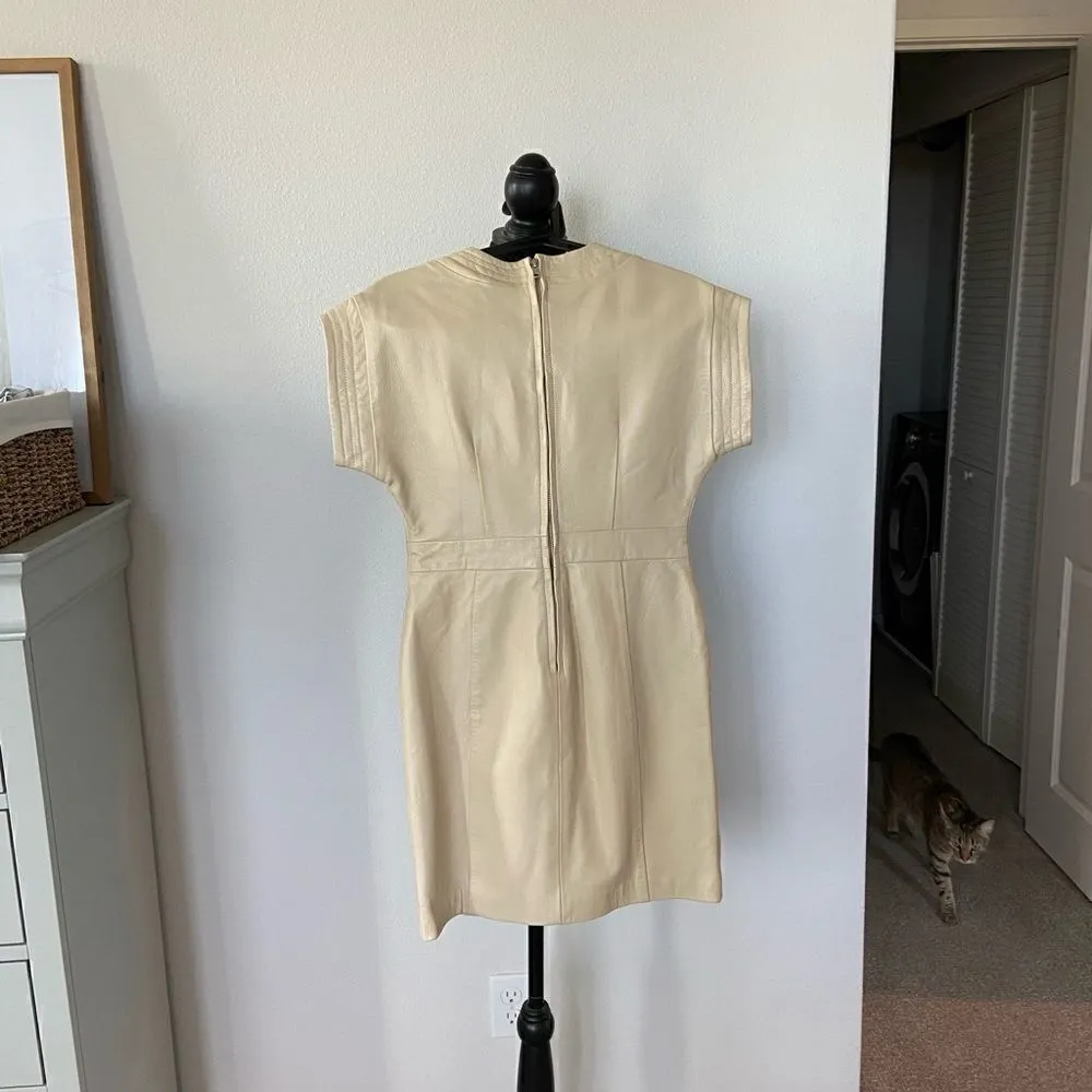 Leather Exotica 100% leather dress deep V neck, cream White Size XS - Image 3