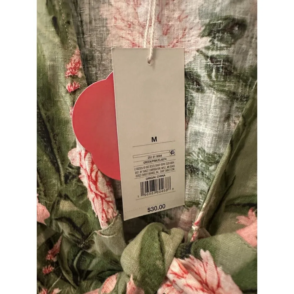 NWT Agua Bendita x Target Peony Floral Wrap Top Linen Blend Green Pink Size M!!‎ - Image 5
