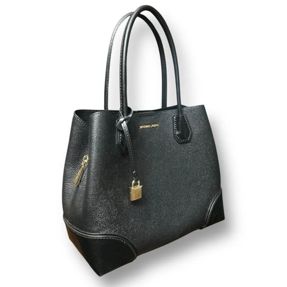 Michael‎ Kors Mercer Gallery Leather Tote Black Gold Hardware Center Zip Pebbled - Image 5