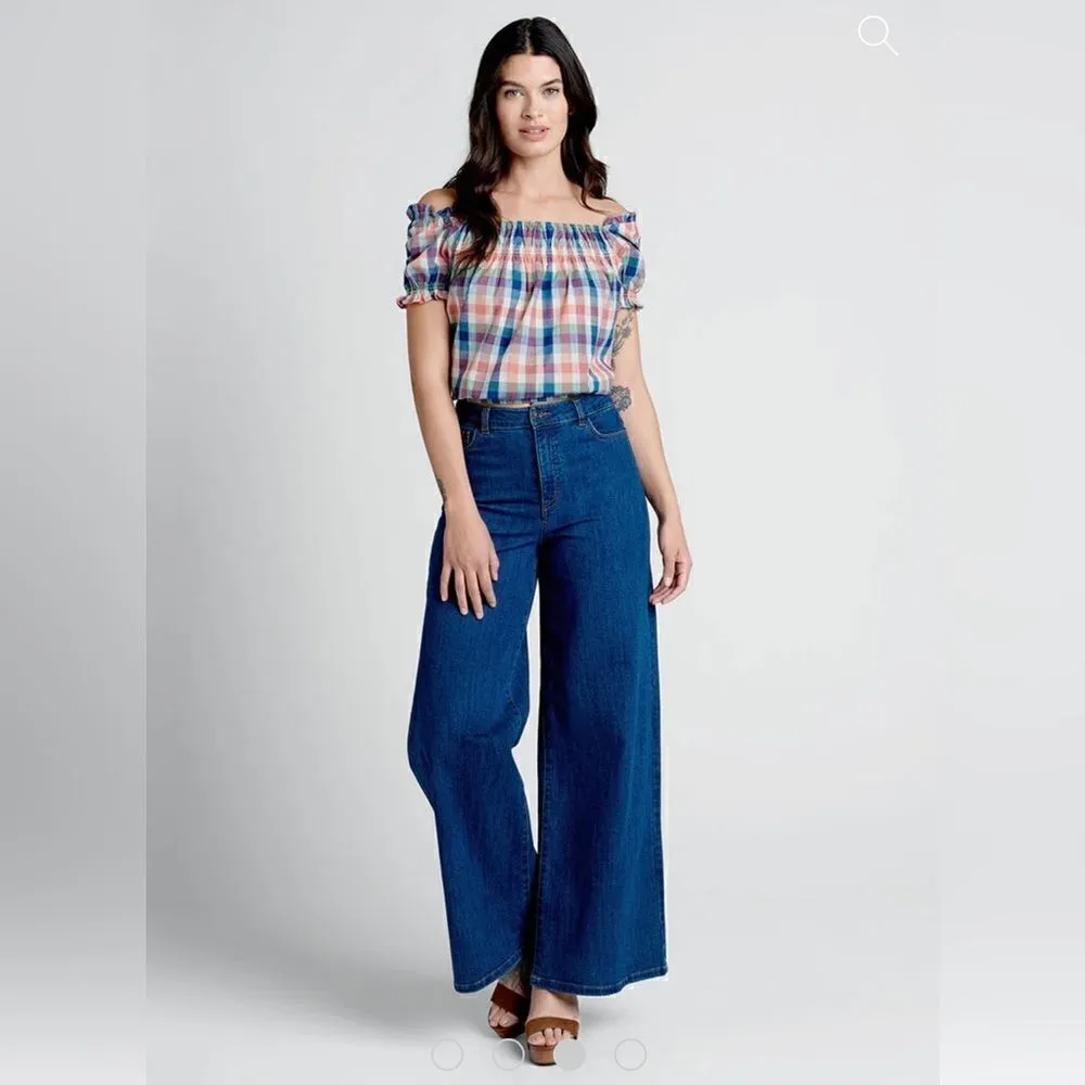 Modcloth Smocked Cotton Crop Top Summer Madras Plaid Checkered Orange Blue S - Image 3