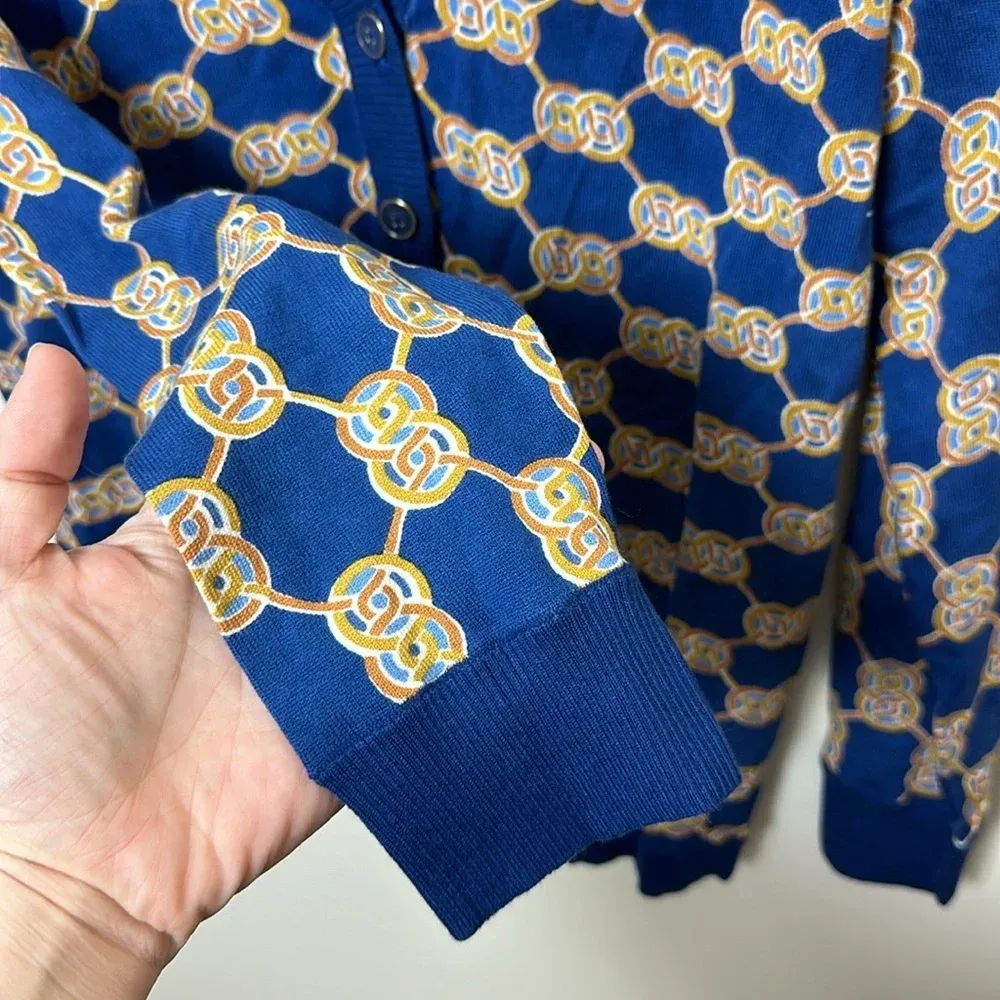 J Mclaughlin Womens Kristyn‎ Cardigan XS Denim Gold Heraldic Knot Chain Sweater - Image 6