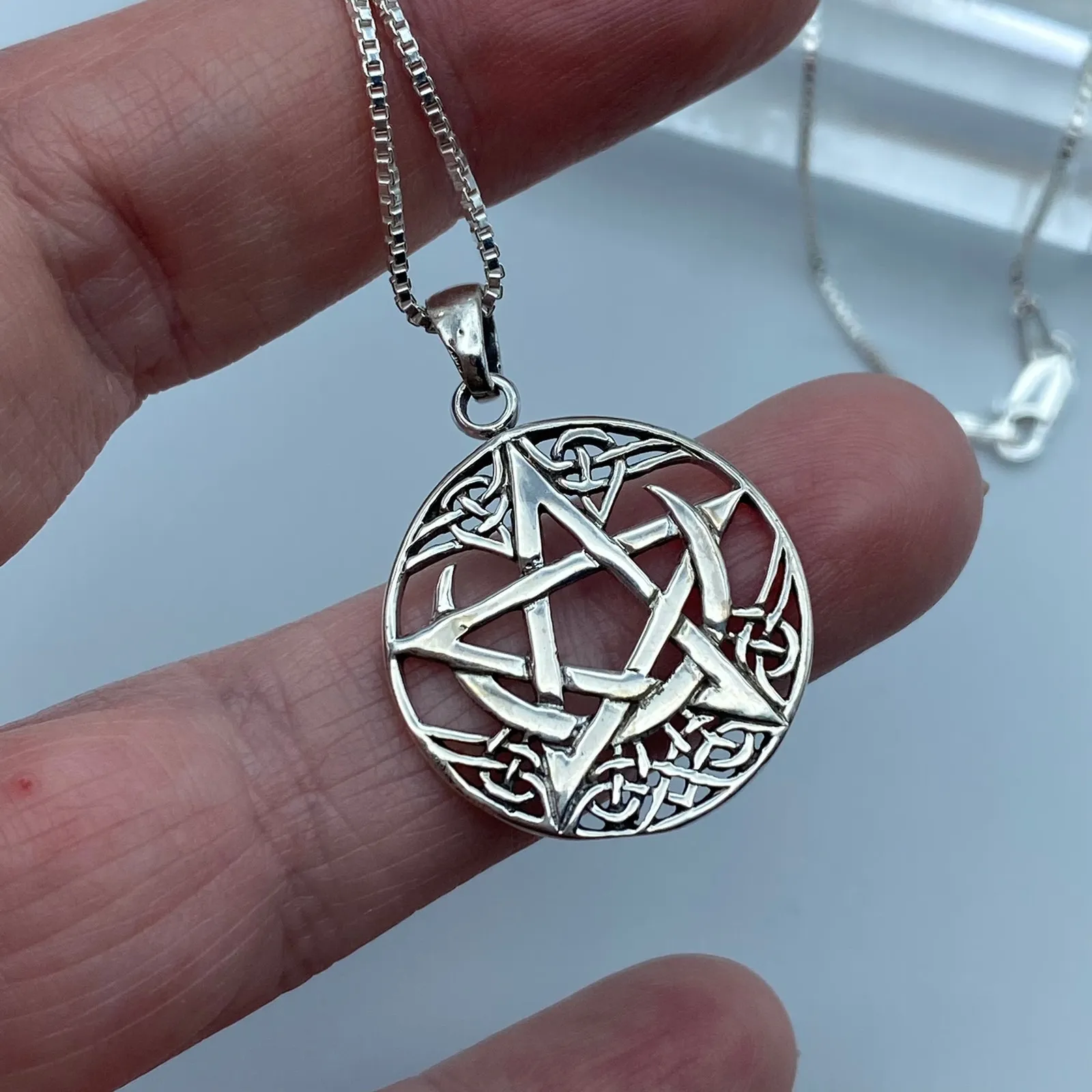 Celtic Crescent Moon With Pentagram Sterling Silver Necklace Box Chain - Image 2